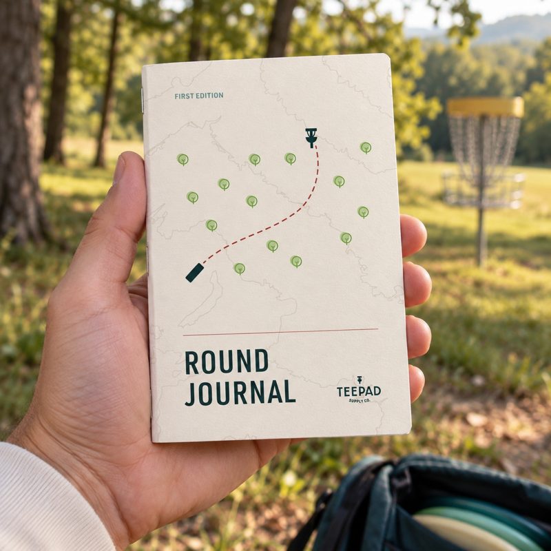 Round Journal held in hand on a wooded course, basket in the background