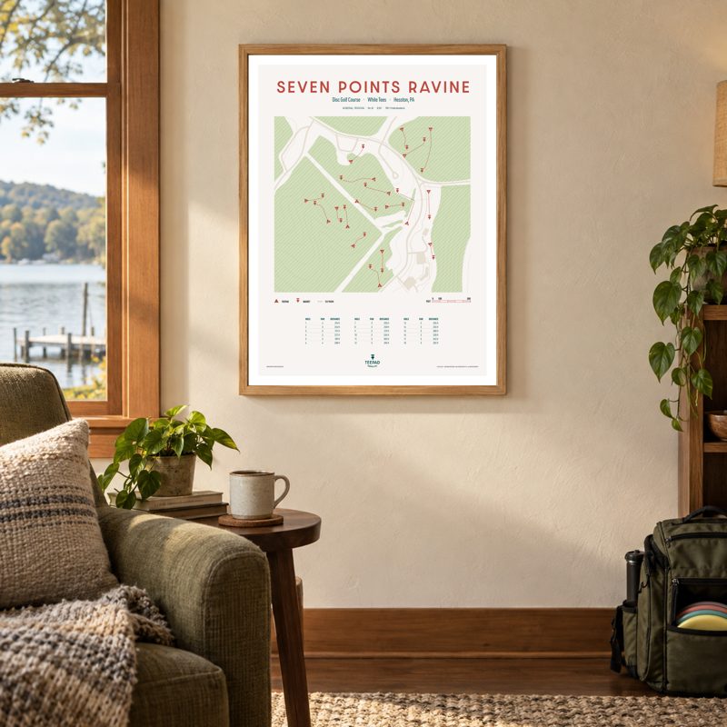 Seven Points Ravine map poster, framed, beside a window over Raystown Lake
